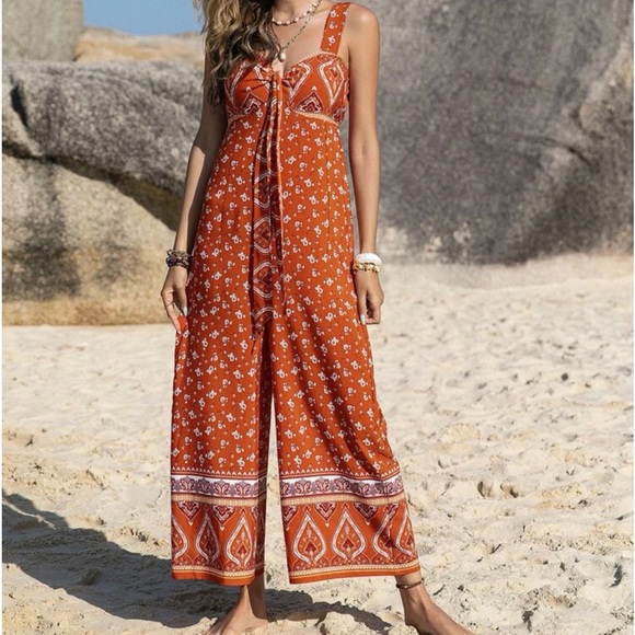 Rusttydustty Floral print knot front Wideleg cami Jumpsuit - Picture 4 of 10